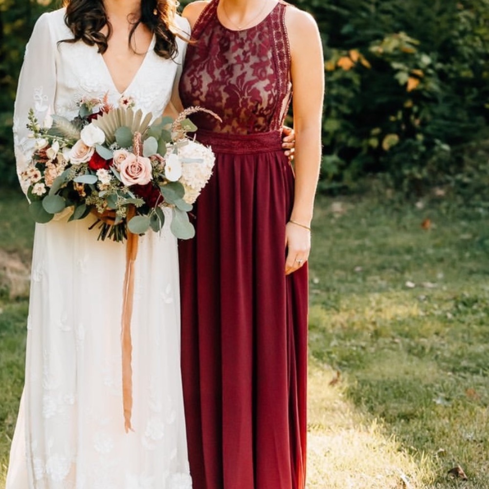 Lulu’s Forever and Always Burgundy Lace Maxi Dress